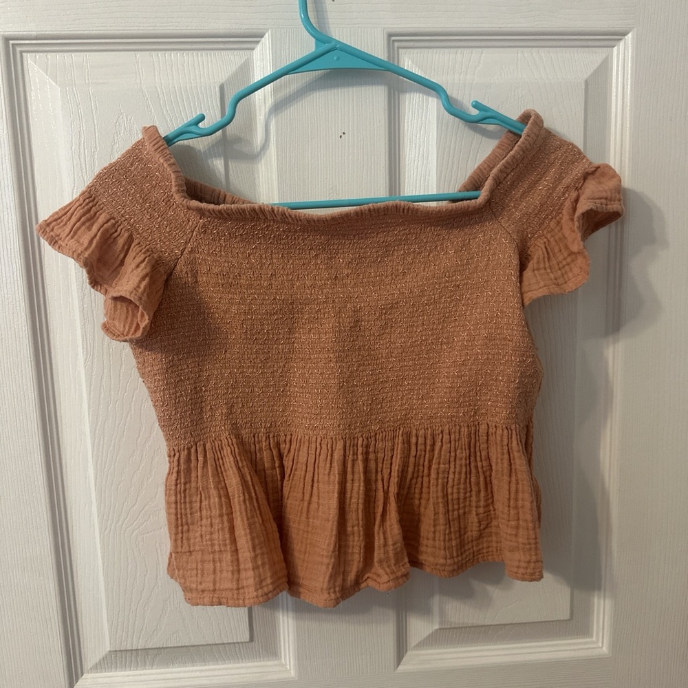 Aerie Brown Smocked Flutter Sleeve Crop Top